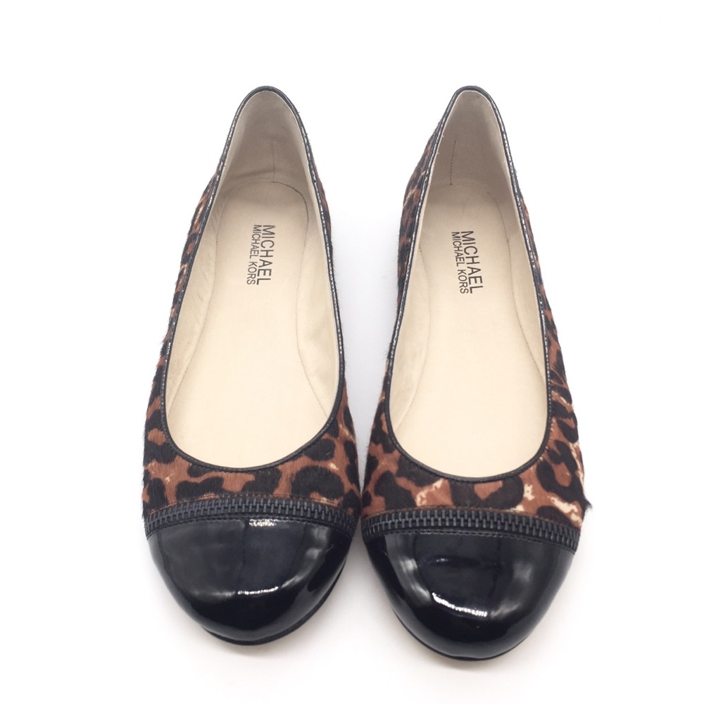 MICHAEL KORS Animal Print Calf Hair Leather Cap Toe Ballet Flats